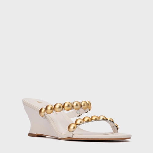 Open Mule Balls Anabela Couro Off White Vanilla