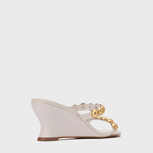 Open Mule Balls Anabela Couro Off White Vanilla