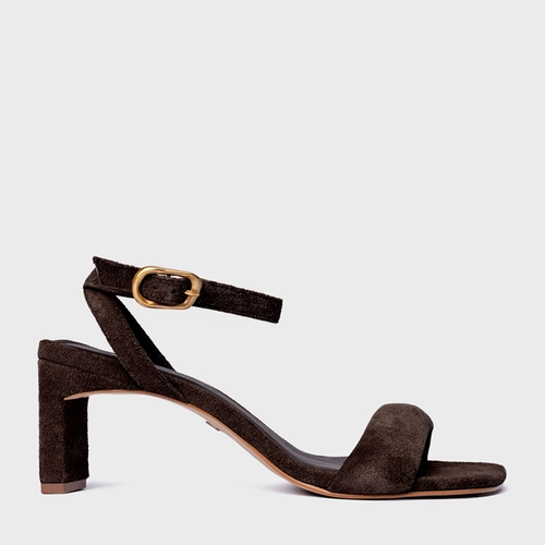 Sandália Tira Puffy Salto Reto Couro Suede Marrom Ganache