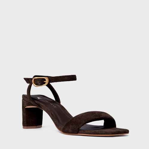 Sandália Tira Puffy Salto Reto Couro Suede Marrom Ganache