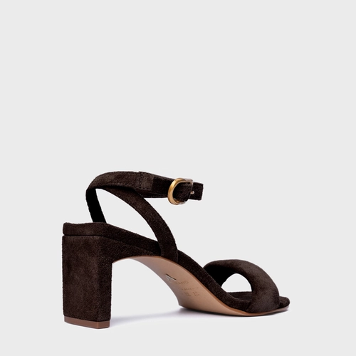 Sandália Tira Puffy Salto Reto Couro Suede Marrom Ganache