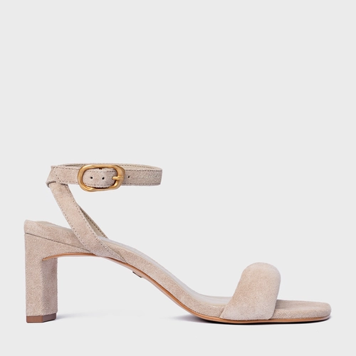 Sandália Tira Puffy Salto Reto Couro Suede Bege Oatmeal