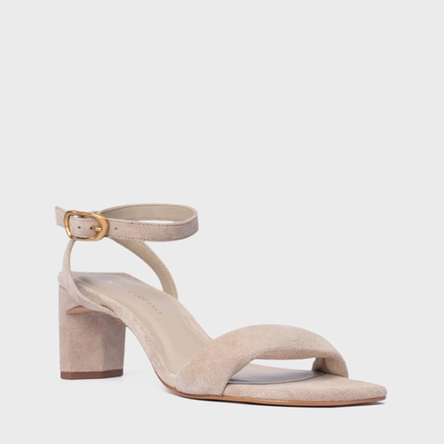 Sandália Tira Puffy Salto Reto Couro Suede Bege Oatmeal