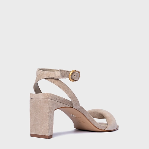 Sandália Tira Puffy Salto Reto Couro Suede Bege Oatmeal