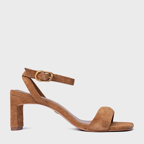 Sandália Tira Puffy Salto Reto Couro Suede Marrom Saddle