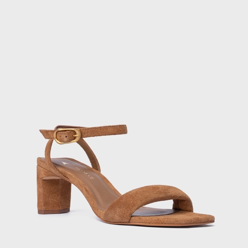 Sandália Tira Puffy Salto Reto Couro Suede Marrom Saddle