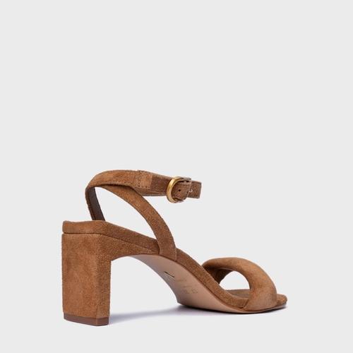 Sandália Tira Puffy Salto Reto Couro Suede Marrom Saddle