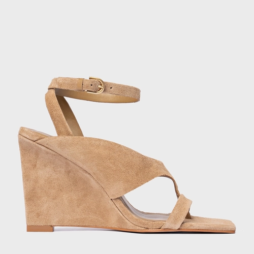 Sandália Thong Bold Anabela Couro Suede Bege Almond