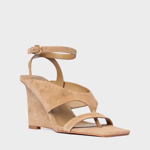 Sandália Thong Bold Anabela Couro Suede Bege Almond