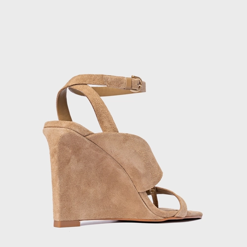 Sandália Thong Bold Anabela Couro Suede Bege Almond