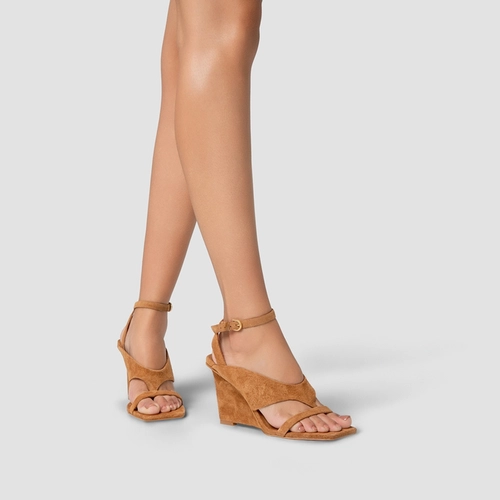 Sandália Thong Bold Anabela Couro Suede Bege Almond
