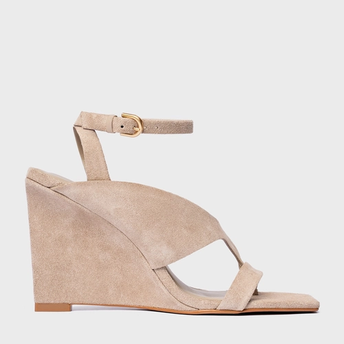 Sandália Thong Bold Anabela Couro Suede Bege Oatmeal