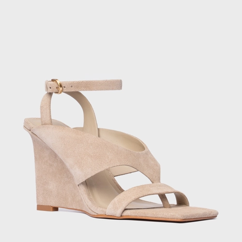 Sandália Thong Bold Anabela Couro Suede Bege Oatmeal