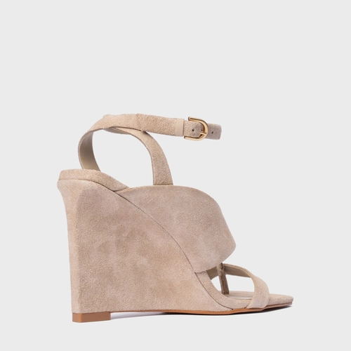 Sandália Thong Bold Anabela Couro Suede Bege Oatmeal