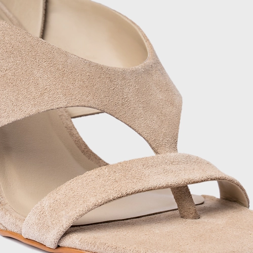 Sandália Thong Bold Anabela Couro Suede Bege Oatmeal
