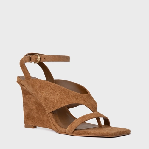 Sandália Thong Bold Anabela Couro Suede Marrom Saddle
