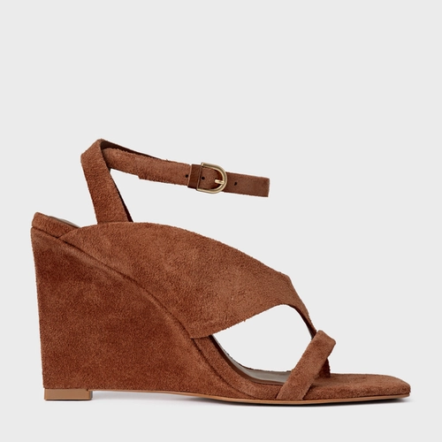 Sandália Thong Bold Anabela Couro Suede Marrom Walnut
