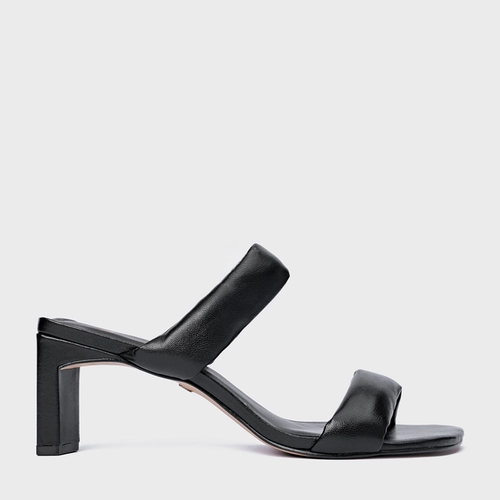 Open Mule Tiras Puffy Salto Reto Couro Preto