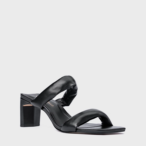 Open Mule Tiras Puffy Salto Reto Couro Preto