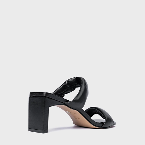 Open Mule Tiras Puffy Salto Reto Couro Preto