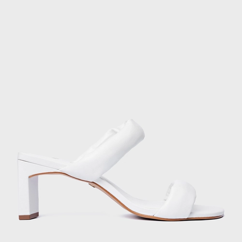Open Mule Tiras Puffy Salto Reto Couro Branco Blanc