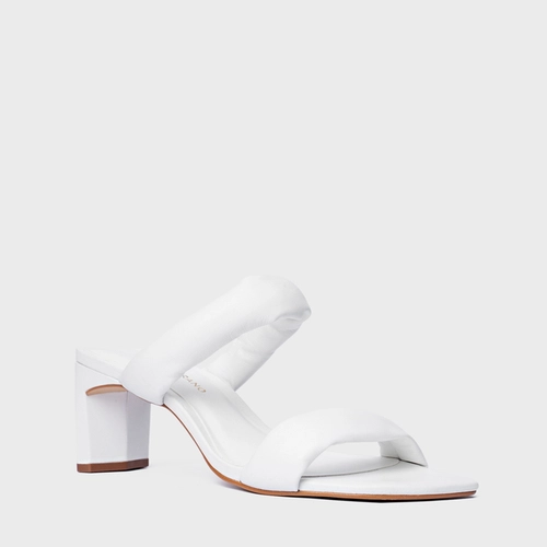 Open Mule Tiras Puffy Salto Reto Couro Branco Blanc
