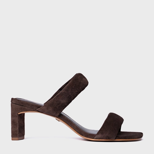 Open Mule Tiras Puffy Salto Reto Couro Suede Marrom Ganache