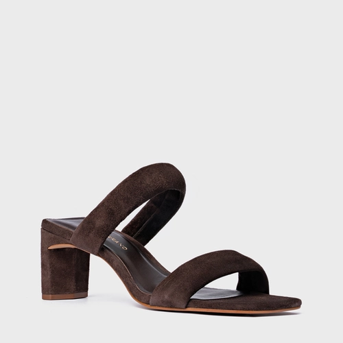 Open Mule Tiras Puffy Salto Reto Couro Suede Marrom Ganache