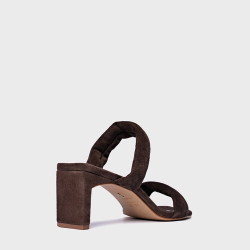 Open Mule Tiras Puffy Salto Reto Couro Suede Marrom Ganache