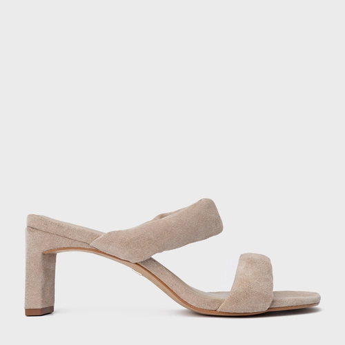 Open Mule Tiras Puffy Salto Reto Couro Suede Bege Oatmeal