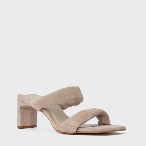 Open Mule Tiras Puffy Salto Reto Couro Suede Bege Oatmeal