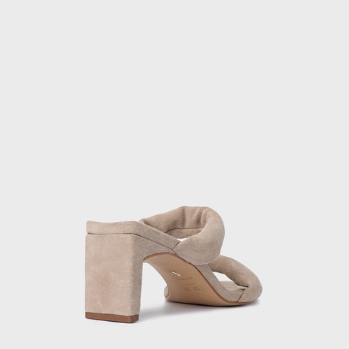 Open Mule Tiras Puffy Salto Reto Couro Suede Bege Oatmeal