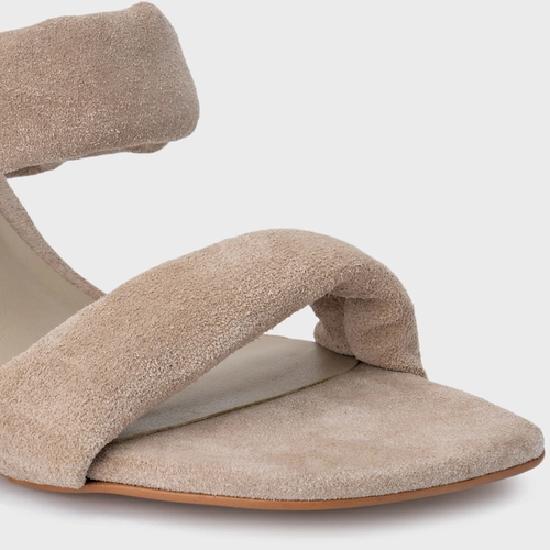 Open Mule Tiras Puffy Salto Reto Couro Suede Bege Oatmeal