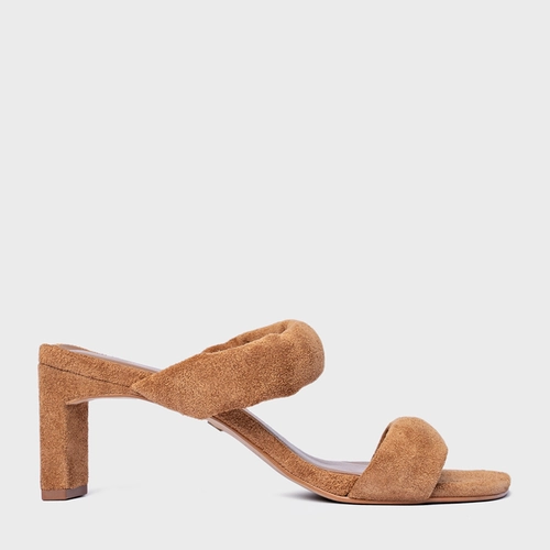 Open Mule Tiras Puffy Salto Reto Couro Suede Marrom Saddle