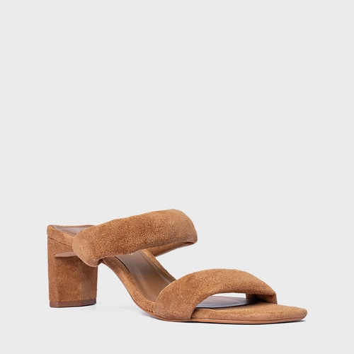 Open Mule Tiras Puffy Salto Reto Couro Suede Marrom Saddle