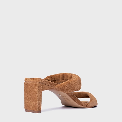 Open Mule Tiras Puffy Salto Reto Couro Suede Marrom Saddle