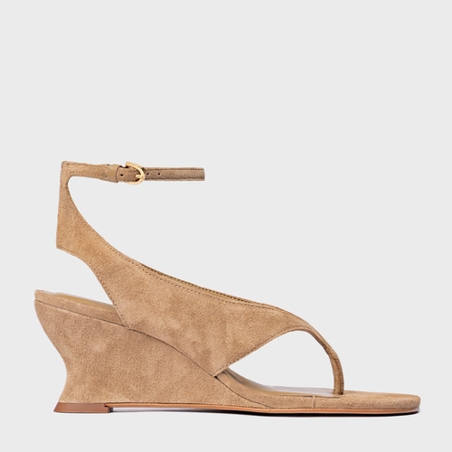 Sandália Thong Anabela Slim Couro Suede Bege Almond