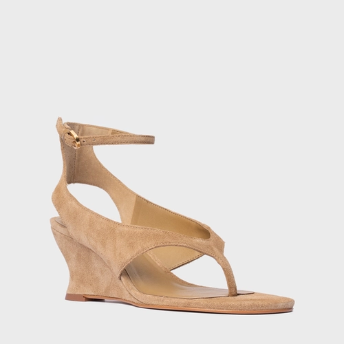 Sandália Thong Anabela Slim Couro Suede Bege Almond