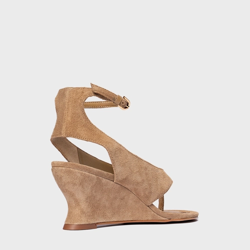 Sandália Thong Anabela Slim Couro Suede Bege Almond