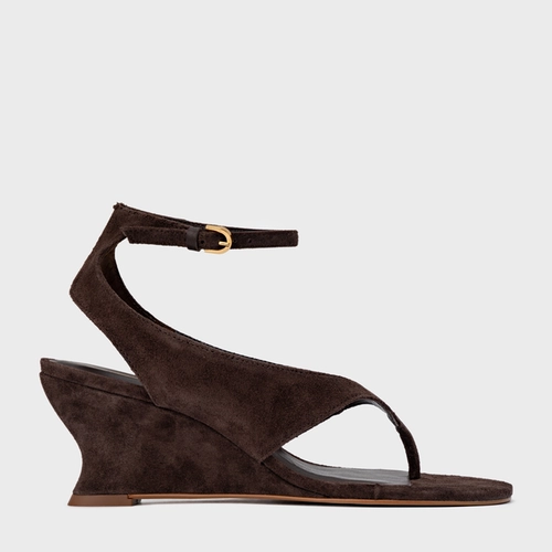 Sandália Thong Anabela Slim Couro Suede Marrom Ganache