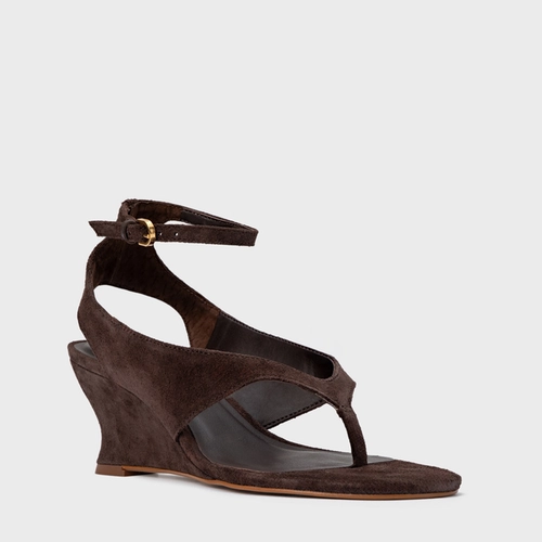 Sandália Thong Anabela Slim Couro Suede Marrom Ganache