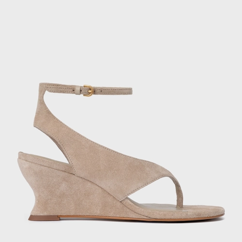 Sandália Thong Anabela Slim Couro Suede Bege Oatmeal