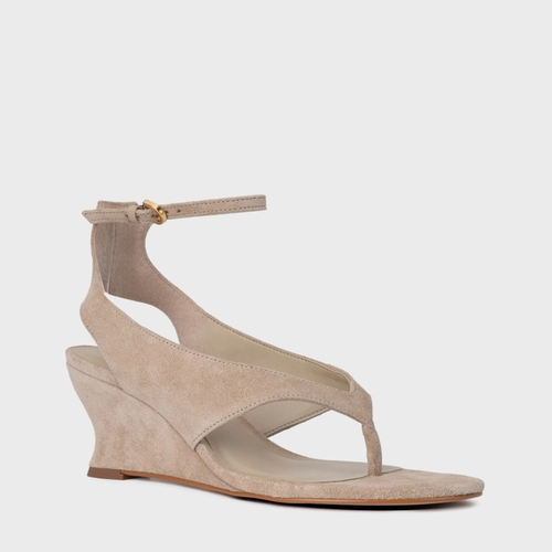 Sandália Thong Anabela Slim Couro Suede Bege Oatmeal