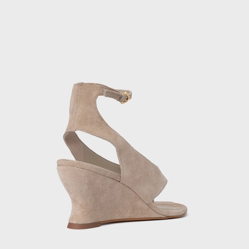 Sandália Thong Anabela Slim Couro Suede Bege Oatmeal