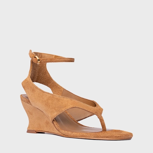 Sandália Thong Anabela Slim Couro Suede Marrom Saddle