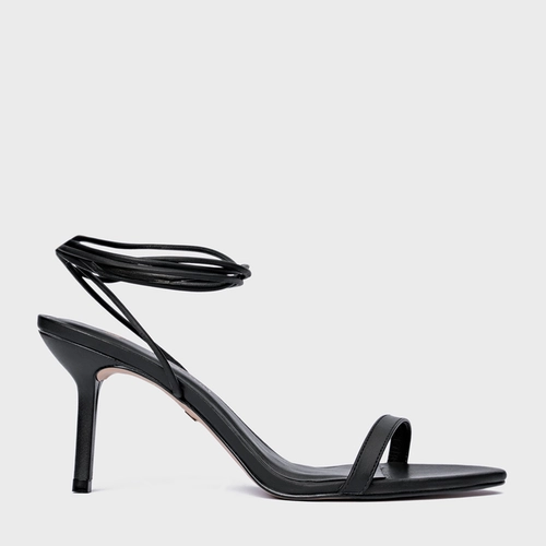 Sandália Strappy Lace Up Salto Fino Couro Preto
