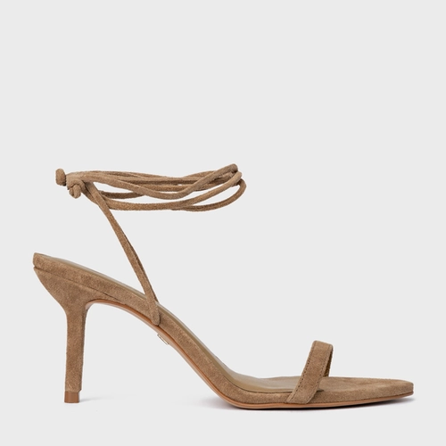 Sandália Strappy Lace Up Salto Fino Couro Suede Bege Almond