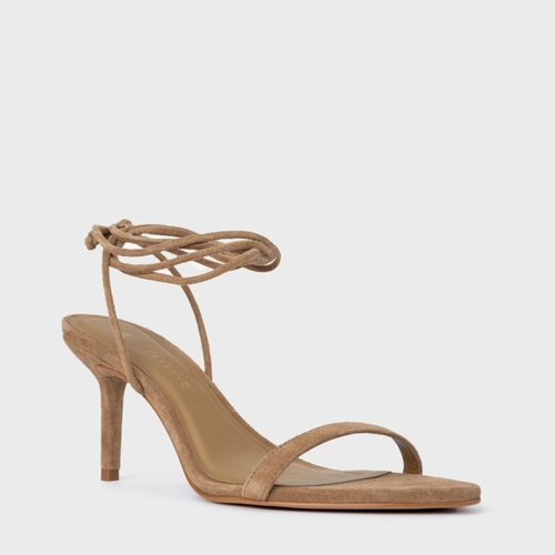 Sandália Strappy Lace Up Salto Fino Couro Suede Bege Almond