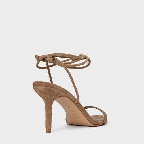 Sandália Strappy Lace Up Salto Fino Couro Suede Bege Almond