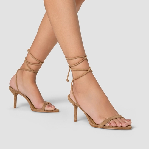 Sandália Strappy Lace Up Salto Fino Couro Suede Bege Almond